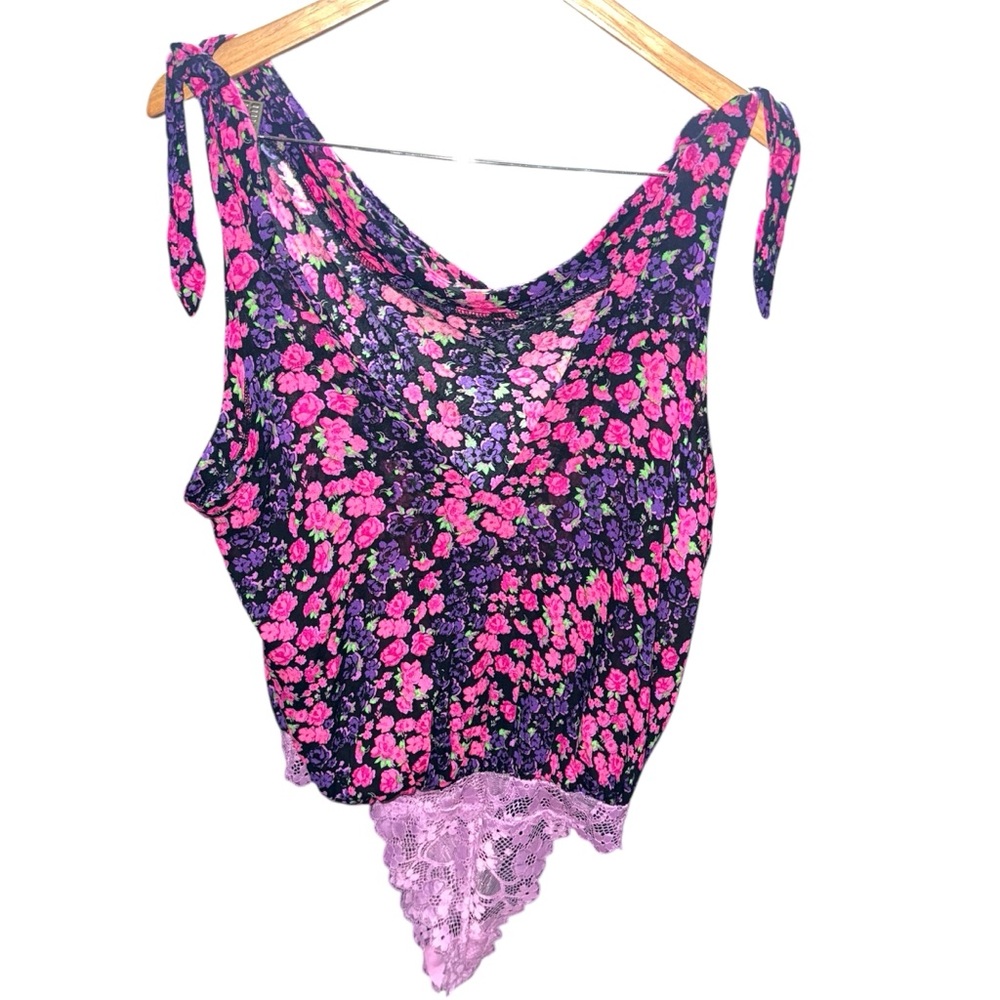 Free People Pink and Purple Floral Tie-Shoulder Bodysuit